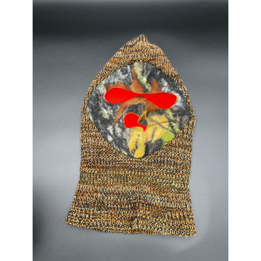 Marled Knit Balaclava Ski Mask Neon Orange Fleece Lined Camo Face Panel